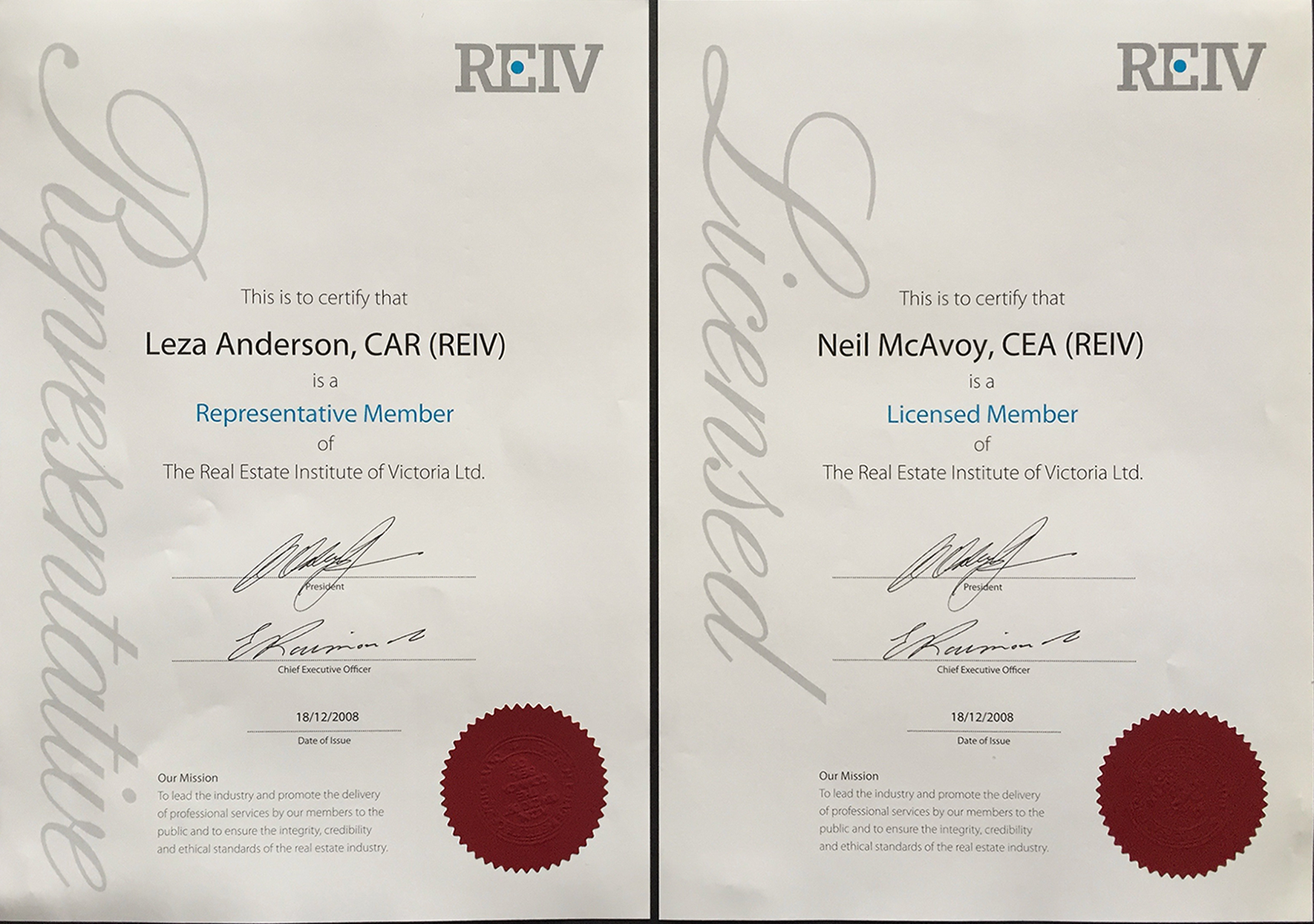 1770 wide reiv cetificates 2 fixed REIV certificates